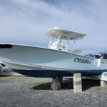 Light blue boat named 'CINSAN' resting on concrete blocks in a marina boatyard.