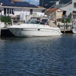 White motorboat docked at a marina beside a wooden dock, with houses and solar panels in the background under a blue sky.