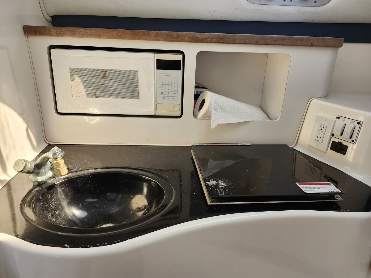 Compact galley with a built-in microwave above a black countertop, sink to the left, paper towel in an open cubby, and a smooth induction cooktop to the right.
