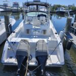 White motorboat docked at a marina with twin outboard engines and a blue canopy, surrounded by other boats on calm water.