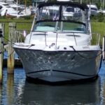 Front view of a white motorboat tied to a dock at a marina, with other boats and green shoreline in the background.