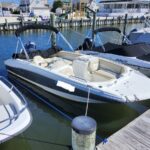 White powerboat with beige seating docked at a marina, a black canopy over the cockpit and calm blue water nearby.